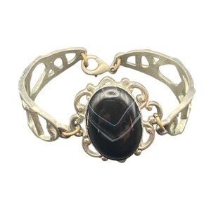 Vintage Black Onyx Cabochon Silver Plated Bracelet Signed Armuna Mexico Artisan
